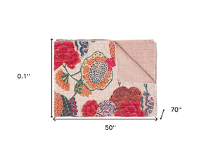HomeRoots 50" Cozy Light Pink Orange Green Cotton Quilted Floral Throw Blanket – Handcrafted Embroidered Charm 544541