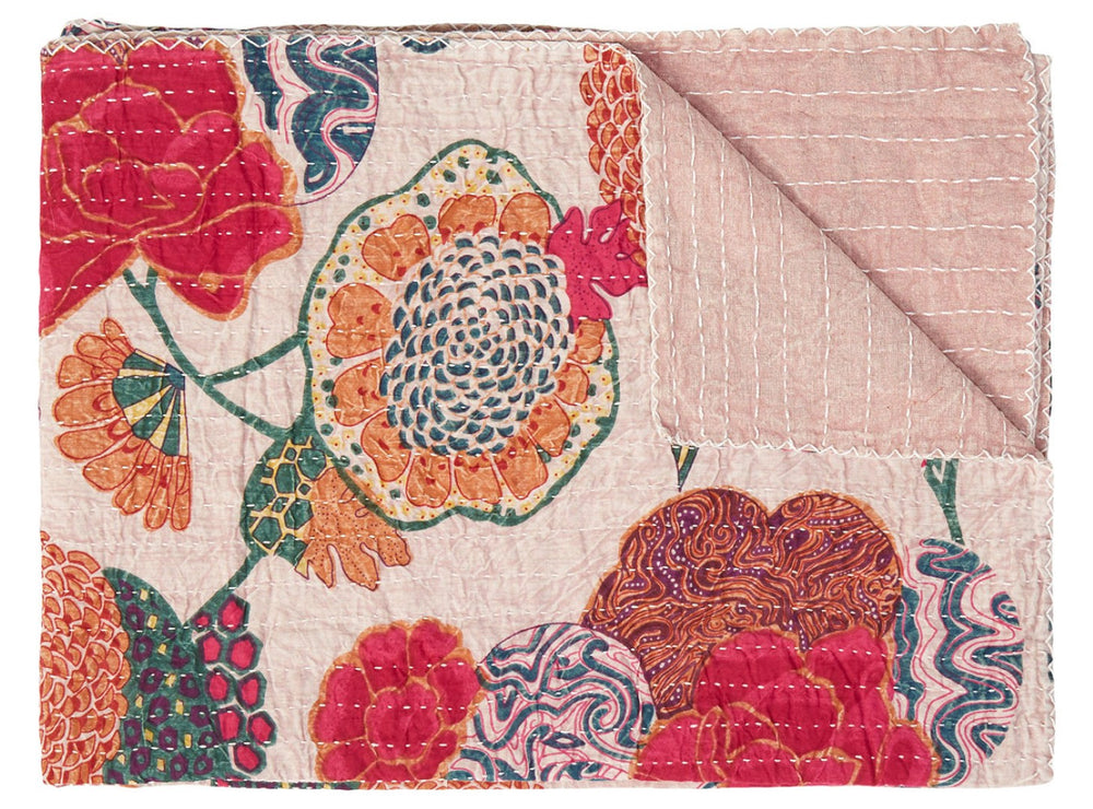 HomeRoots 50" Cozy Light Pink Orange Green Cotton Quilted Floral Throw Blanket – Handcrafted Embroidered Charm 544541