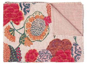 HomeRoots 50" Cozy Light Pink Orange Green Cotton Quilted Floral Throw Blanket – Handcrafted Embroidered Charm 544541