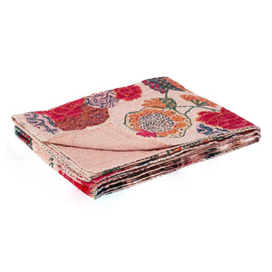 HomeRoots 50" Cozy Light Pink Orange Green Cotton Quilted Floral Throw Blanket – Handcrafted Embroidered Charm 544541