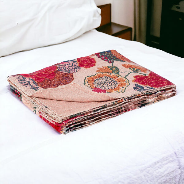 HomeRoots 50" Cozy Light Pink Orange Green Cotton Quilted Floral Throw Blanket – Handcrafted Embroidered Charm 544541