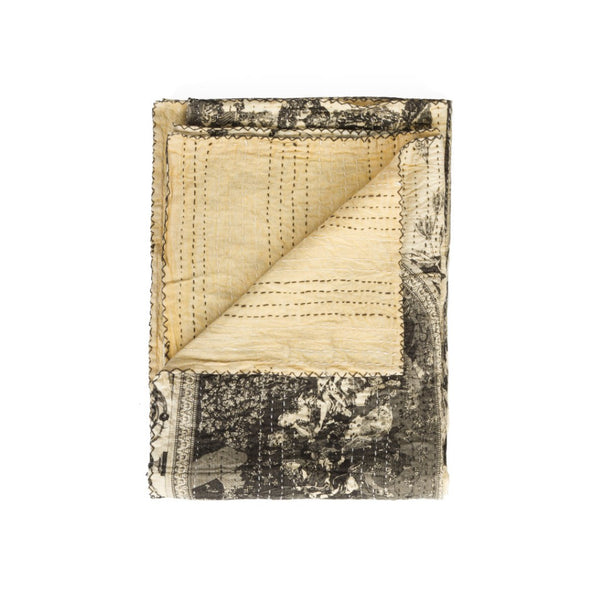 HomeRoots 50" Cotton Quilted Floral Throw Blanket – Cream & Dark Gray Embroidery for Cozy Elegance & Style 544542