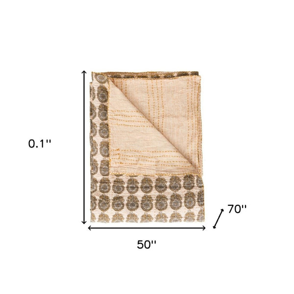 HomeRoots 50" Cozy Peach Orange & Gray Cotton Quilted Throw Blanket with Embroidery for Stylish Home Decor 544543