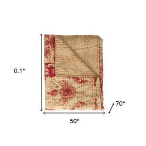 HomeRoots 50" Peach & Red Cotton Quilted Throw Blanket - Stylish, Cozy & Embroidered for Any Home Decor 544544