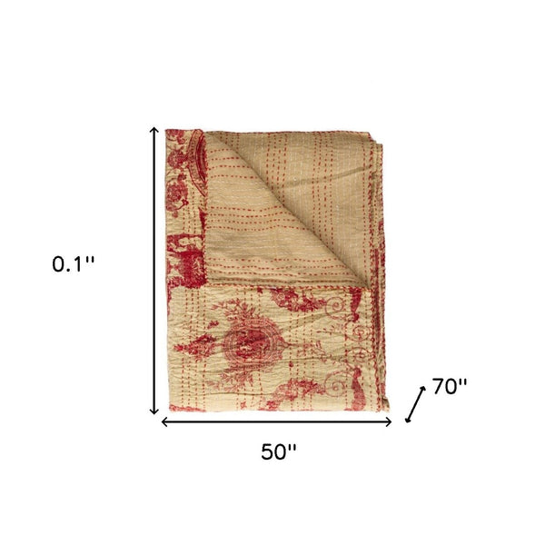 HomeRoots 50" Peach & Red Cotton Quilted Throw Blanket - Stylish, Cozy & Embroidered for Any Home Decor 544544