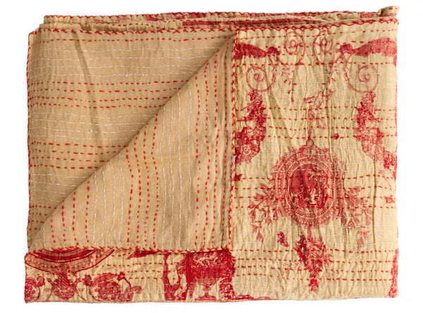 HomeRoots 50" Peach & Red Cotton Quilted Throw Blanket - Stylish, Cozy & Embroidered for Any Home Decor 544544