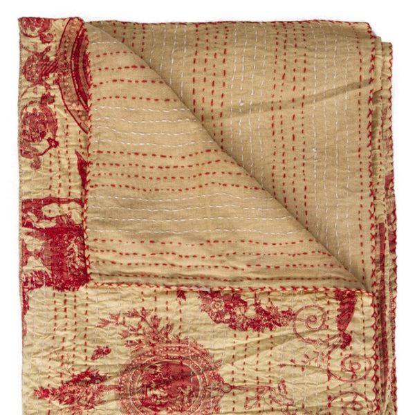 HomeRoots 50" Peach & Red Cotton Quilted Throw Blanket - Stylish, Cozy & Embroidered for Any Home Decor 544544