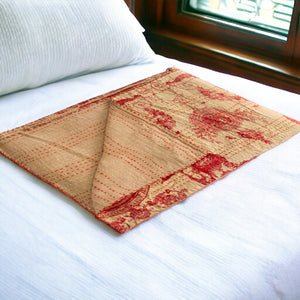 HomeRoots 50" Peach & Red Cotton Quilted Throw Blanket - Stylish, Cozy & Embroidered for Any Home Decor 544544