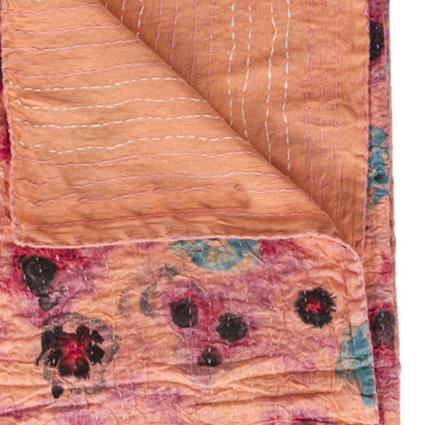 HomeRoots 50" Colorful Cotton Quilted Floral Throw Blanket with Hand-Embroidered Details for Cozy Elegance 544545