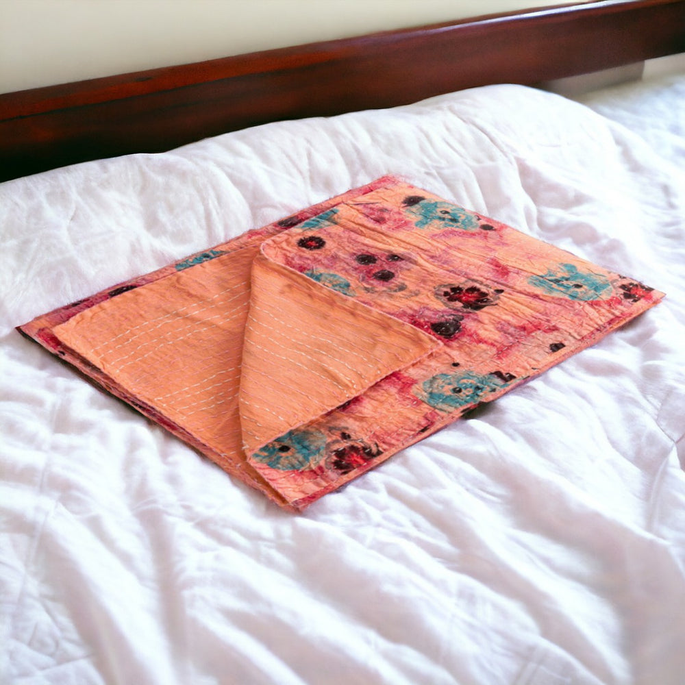 HomeRoots 50" Colorful Cotton Quilted Floral Throw Blanket with Hand-Embroidered Details for Cozy Elegance 544545