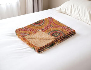 HomeRoots 50" Cozy Brown and Beige Quilted Kantha Throw Blanket – Handcrafted Cotton with Embroidery Charm 544546