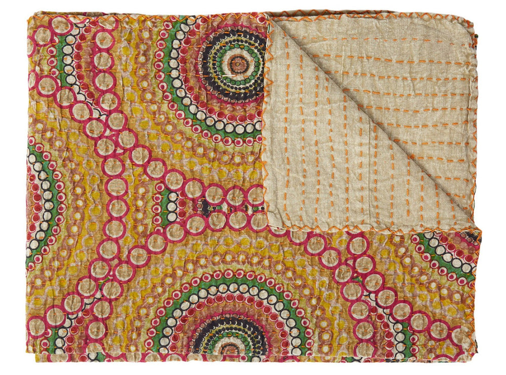 HomeRoots 50" Cozy Brown and Beige Quilted Kantha Throw Blanket – Handcrafted Cotton with Embroidery Charm 544546