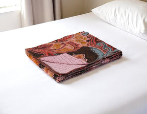 HomeRoots 50" Quilted Kantha Throw Blanket - Hand-Embroidered Brown and Pink Floral Design for Cozy Elegance Cotton - 50"x70" 544547