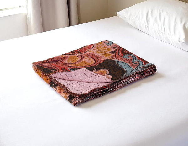 HomeRoots 50" Quilted Kantha Throw Blanket - Hand-Embroidered Brown and Pink Floral Design for Cozy Elegance Cotton - 50"x70" 544547
