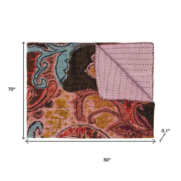HomeRoots 50" Quilted Kantha Throw Blanket - Hand-Embroidered Brown and Pink Floral Design for Cozy Elegance Cotton - 50"x70" 544547