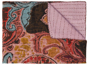 HomeRoots 50" Quilted Kantha Throw Blanket - Hand-Embroidered Brown and Pink Floral Design for Cozy Elegance Cotton - 50"x70" 544547