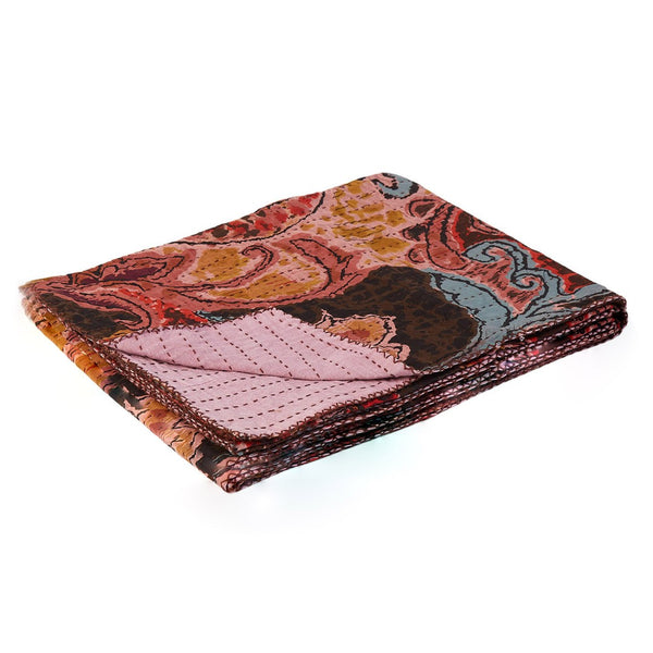 HomeRoots 50" Quilted Kantha Throw Blanket - Hand-Embroidered Brown and Pink Floral Design for Cozy Elegance Cotton - 50"x70" 544547