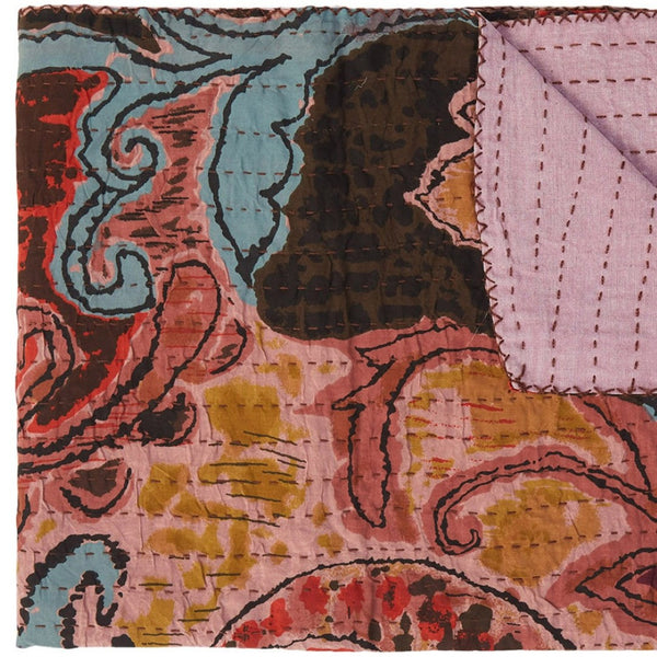 HomeRoots 50" Quilted Kantha Throw Blanket - Hand-Embroidered Brown and Pink Floral Design for Cozy Elegance Cotton - 50"x70" 544547