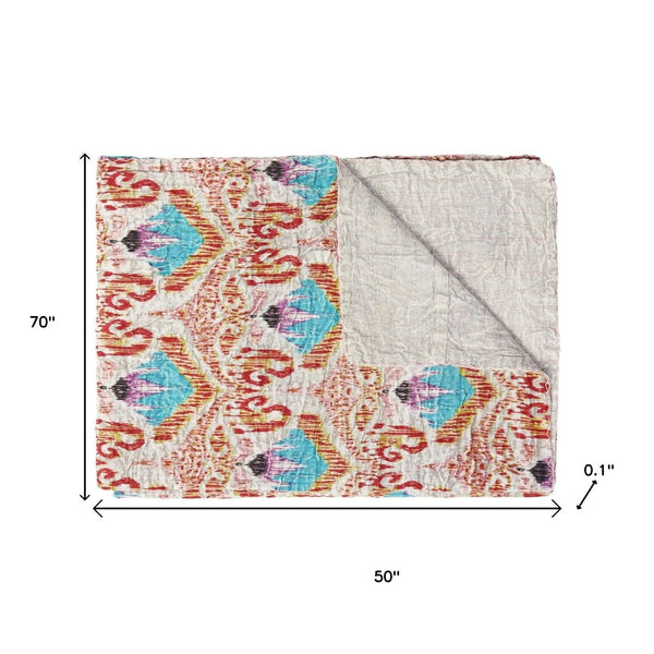 HomeRoots 50" Quilted Kantha Throw Blanket - Hand-Embroidered Brown and Pink Floral Design for Cozy Elegance Cotton - 50"x70" 544548