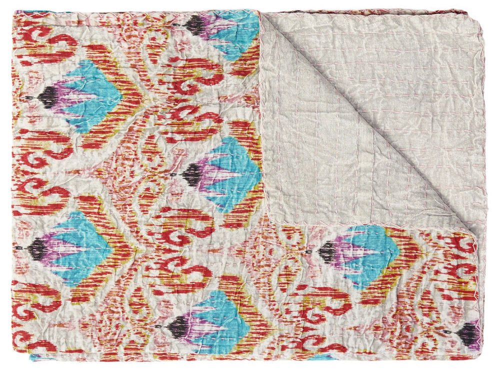 HomeRoots 50" Quilted Kantha Throw Blanket - Hand-Embroidered Brown and Pink Floral Design for Cozy Elegance Cotton - 50"x70" 544548