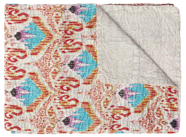 HomeRoots 50" Quilted Kantha Throw Blanket - Hand-Embroidered Brown and Pink Floral Design for Cozy Elegance Cotton - 50"x70" 544548