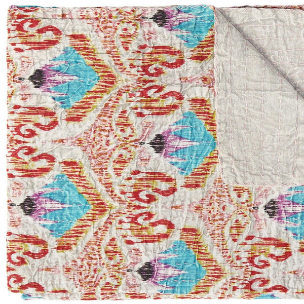 HomeRoots 50" Quilted Kantha Throw Blanket - Hand-Embroidered Brown and Pink Floral Design for Cozy Elegance Cotton - 50"x70" 544548
