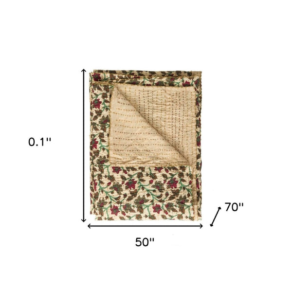 HomeRoots 50" Cozy Quilted Floral Throw Blanket in Cream, Brown & Red – Elegant Cotton Accent for Home Decor 544550