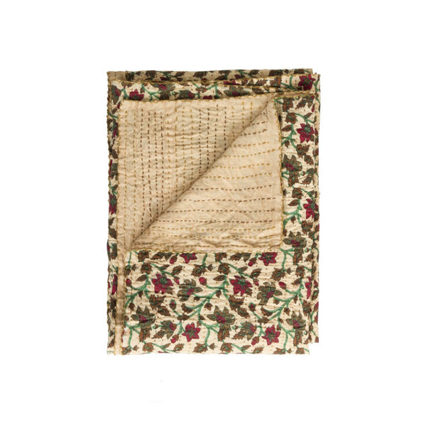 HomeRoots 50" Cozy Quilted Floral Throw Blanket in Cream, Brown & Red – Elegant Cotton Accent for Home Decor 544550
