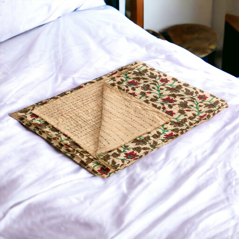 HomeRoots 50" Cozy Quilted Floral Throw Blanket in Cream, Brown & Red – Elegant Cotton Accent for Home Decor 544550