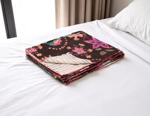 HomeRoots 50" Cozy Brown and Beige Floral Cotton Kantha Throw Blanket - Artisanal Quilted Comfort & Style 544551