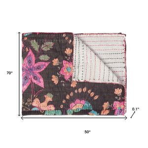 HomeRoots 50" Cozy Brown and Beige Floral Cotton Kantha Throw Blanket - Artisanal Quilted Comfort & Style 544551