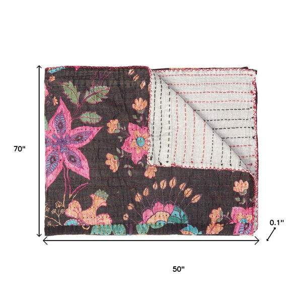HomeRoots 50" Cozy Brown and Beige Floral Cotton Kantha Throw Blanket - Artisanal Quilted Comfort & Style 544551