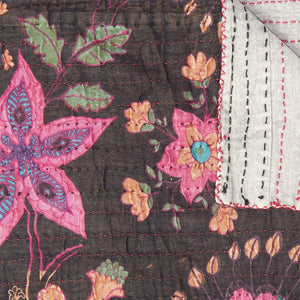 HomeRoots 50" Cozy Brown and Beige Floral Cotton Kantha Throw Blanket - Artisanal Quilted Comfort & Style 544551