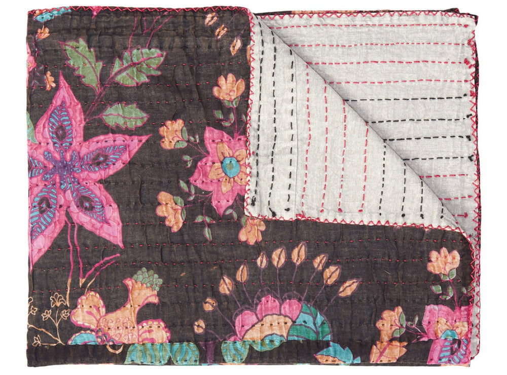 HomeRoots 50" Cozy Brown and Beige Floral Cotton Kantha Throw Blanket - Artisanal Quilted Comfort & Style 544551