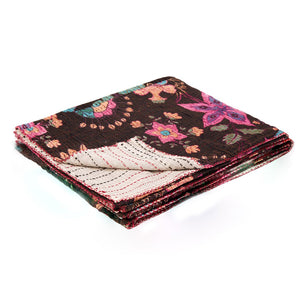 HomeRoots 50" Cozy Brown and Beige Floral Cotton Kantha Throw Blanket - Artisanal Quilted Comfort & Style 544551