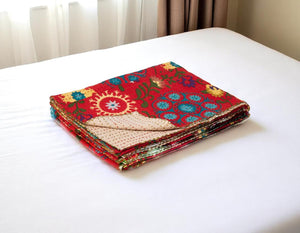 HomeRoots 50" Red Floral Kantha Throw Blanket – Handcrafted Embroidered Accent for Cozy Living Spaces Cotton - 50"x70" 544552