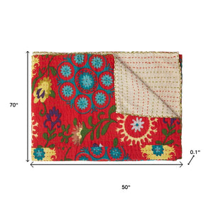 HomeRoots 50" Red Floral Kantha Throw Blanket – Handcrafted Embroidered Accent for Cozy Living Spaces Cotton - 50"x70" 544552
