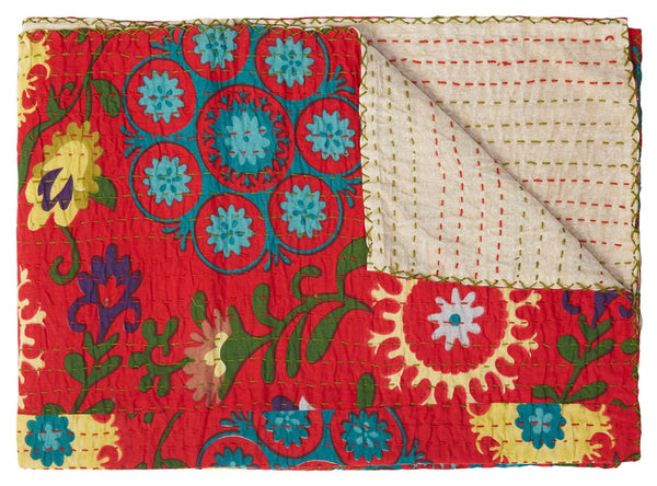 HomeRoots 50" Red Floral Kantha Throw Blanket – Handcrafted Embroidered Accent for Cozy Living Spaces Cotton - 50"x70" 544552