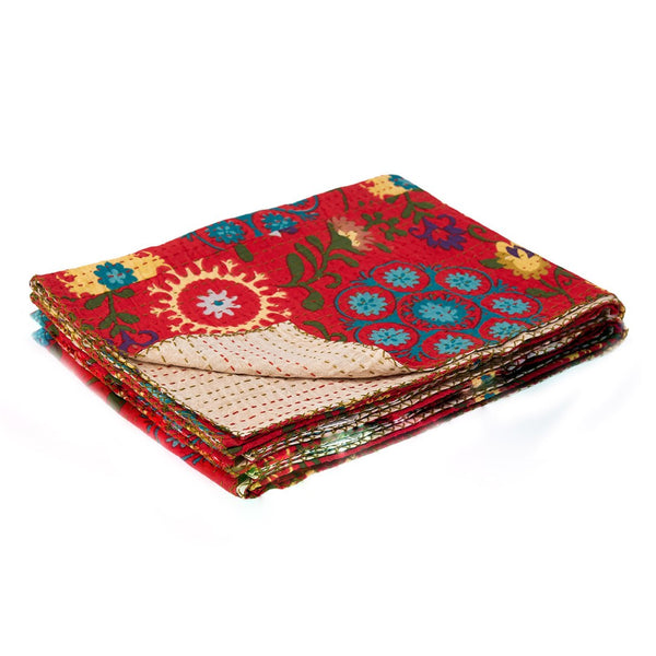 HomeRoots 50" Red Floral Kantha Throw Blanket – Handcrafted Embroidered Accent for Cozy Living Spaces Cotton - 50"x70" 544552