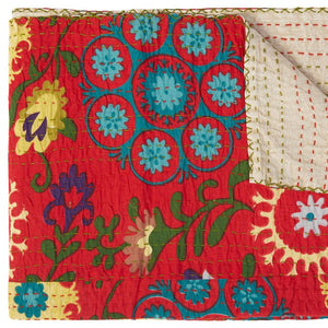 HomeRoots 50" Red Floral Kantha Throw Blanket – Handcrafted Embroidered Accent for Cozy Living Spaces Cotton - 50"x70" 544552