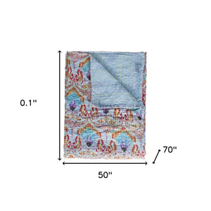 HomeRoots 50" Vibrant Cotton Quilted Floral Throw Blanket – Handmade Embroidery in Blue, Red & Yellow Accents 544554