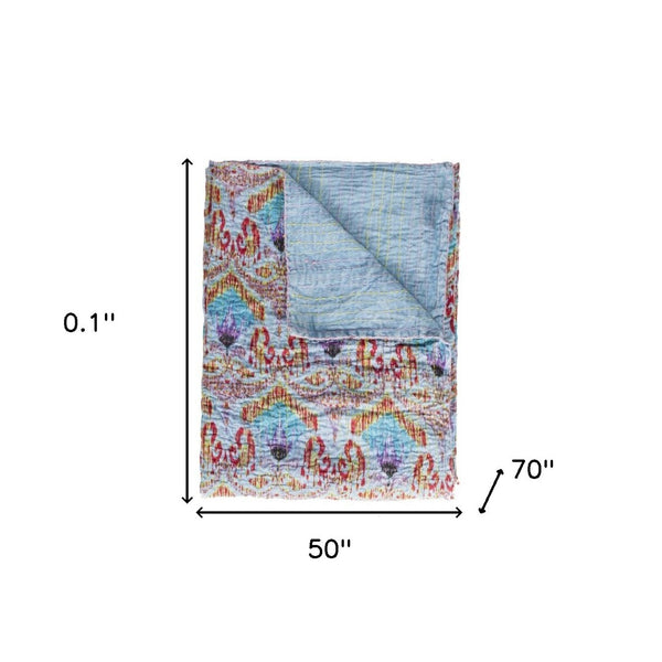 HomeRoots 50" Vibrant Cotton Quilted Floral Throw Blanket – Handmade Embroidery in Blue, Red & Yellow Accents 544554