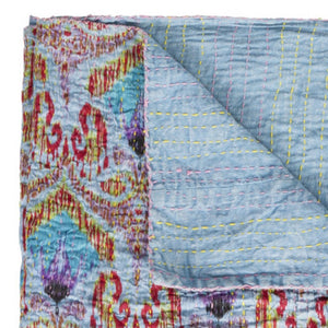 HomeRoots 50" Vibrant Cotton Quilted Floral Throw Blanket – Handmade Embroidery in Blue, Red & Yellow Accents 544554