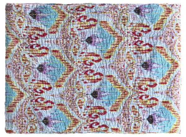 HomeRoots 50" Vibrant Cotton Quilted Floral Throw Blanket – Handmade Embroidery in Blue, Red & Yellow Accents 544554