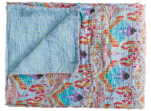 HomeRoots 50" Vibrant Cotton Quilted Floral Throw Blanket – Handmade Embroidery in Blue, Red & Yellow Accents 544554
