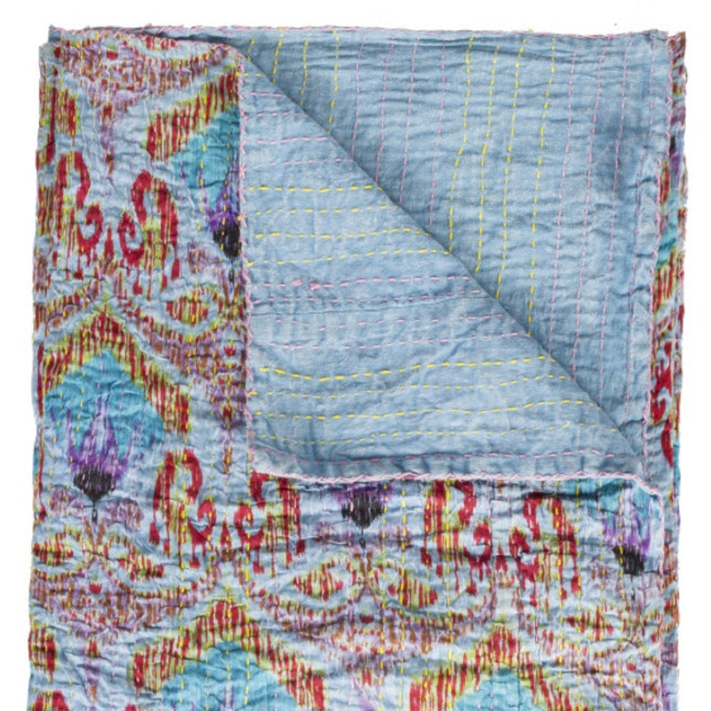 HomeRoots 50" Vibrant Cotton Quilted Floral Throw Blanket – Handmade Embroidery in Blue, Red & Yellow Accents 544554