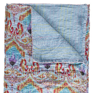 HomeRoots 50" Vibrant Cotton Quilted Floral Throw Blanket – Handmade Embroidery in Blue, Red & Yellow Accents 544554