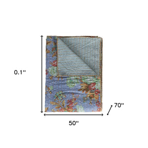 HomeRoots 50" Handcrafted Cotton Quilted Floral Throw Blanket – Blue, Green & Red Embroidery for Cozy Style 544555