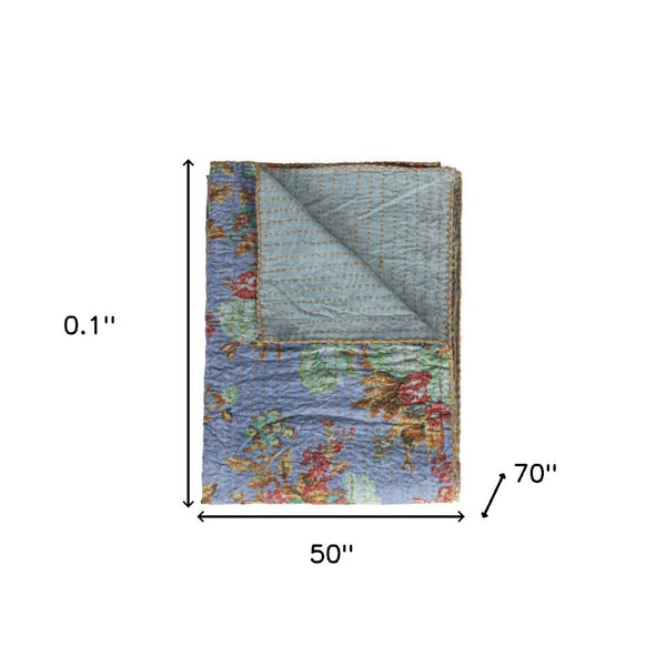 HomeRoots 50" Handcrafted Cotton Quilted Floral Throw Blanket – Blue, Green & Red Embroidery for Cozy Style 544555