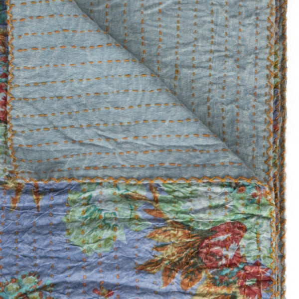 HomeRoots 50" Handcrafted Cotton Quilted Floral Throw Blanket – Blue, Green & Red Embroidery for Cozy Style 544555